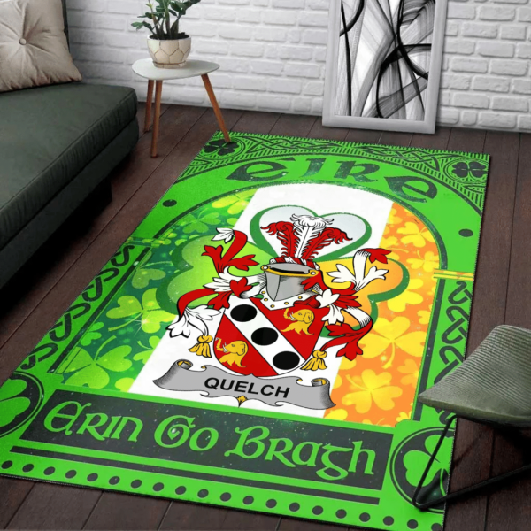 Ireland Area Rug - Quelch Family Crest Area Rug - Irish Shamrock With Ireland Flag