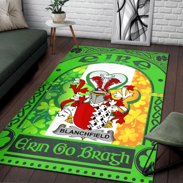 Ireland Area Rug - Blanchfield Family Crest Area Rug - Irish Shamrock With Ireland Flag