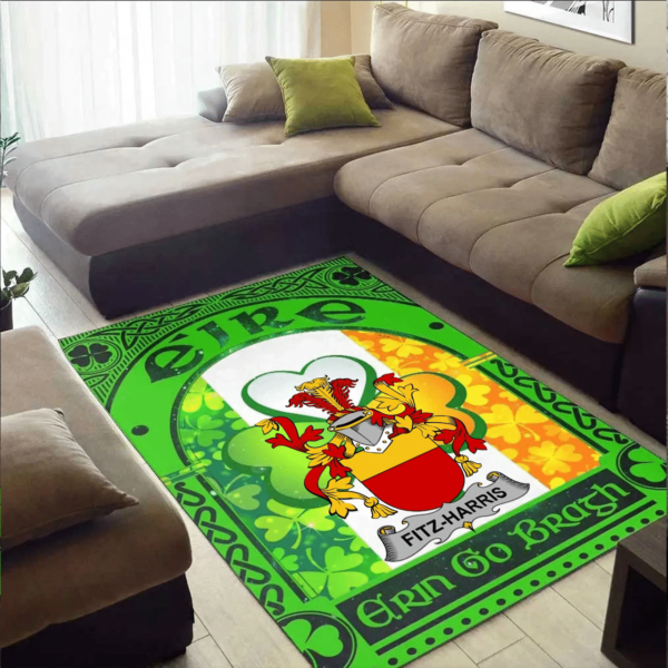 Ireland Area Rug - Fitz-Harris Family Crest Area Rug - Irish Shamrock With Ireland Flag - Image 2