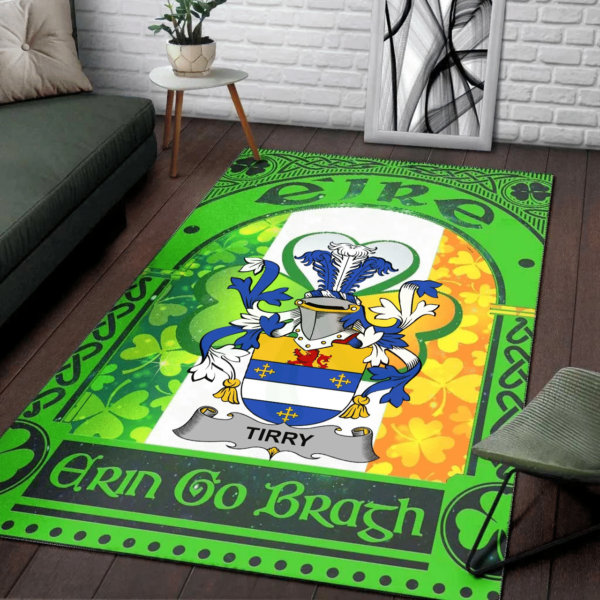 Ireland Area Rug - Tirry Family Crest Area Rug - Irish Shamrock With Ireland Flag