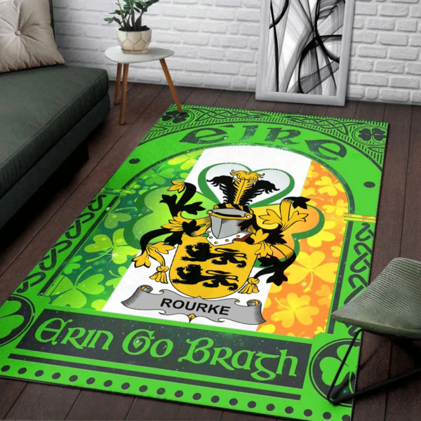 Ireland Area Rug - Rourke or O'Rourke Family Crest Area Rug - Irish Shamrock With Ireland Flag