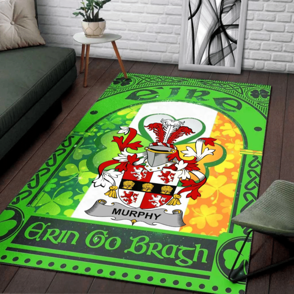 Ireland Area Rug - Murphy (Muskerry) Family Crest Area Rug - Irish Shamrock With Ireland Flag