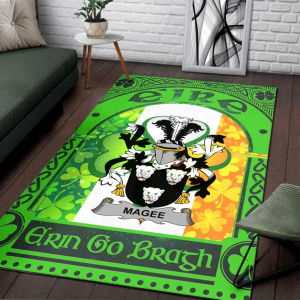 Ireland Area Rug - Magee or McGee Family Crest Area Rug - Irish Shamrock With Ireland Flag