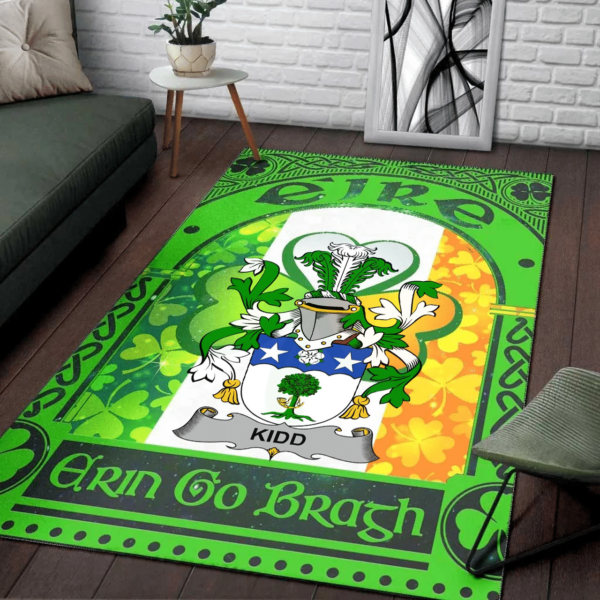 Ireland Area Rug - Kidd Family Crest Area Rug - Irish Shamrock With Ireland Flag