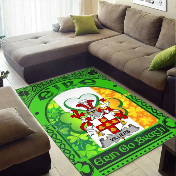 Ireland Area Rug - Villiers Family Crest Area Rug - Irish Shamrock With Ireland Flag - Image 2