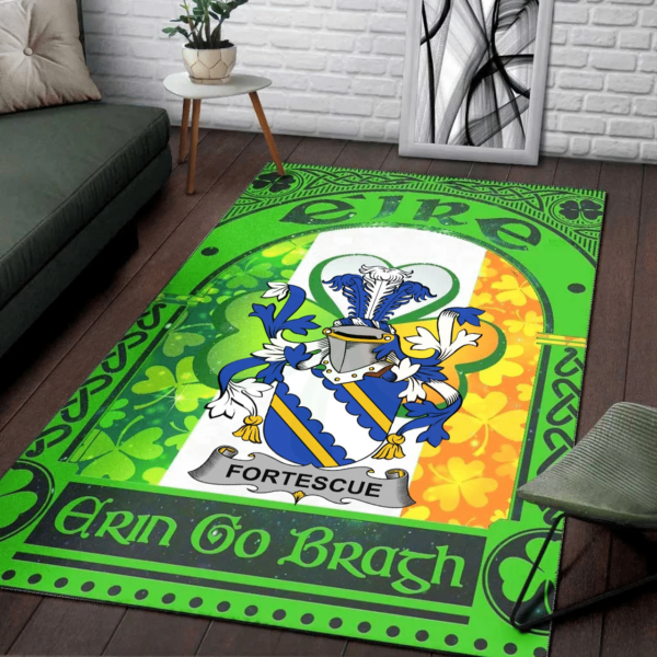 Ireland Area Rug - Fortescue Family Crest Area Rug - Irish Shamrock With Ireland Flag