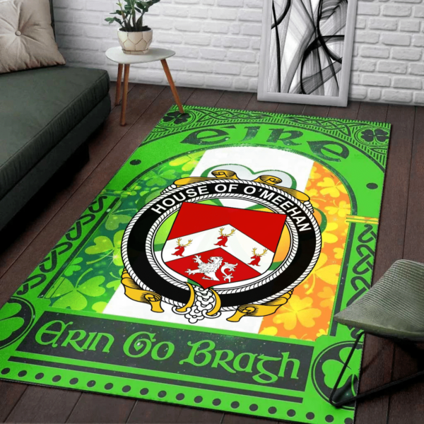 Ireland Area Rug - House of O'MEEHAN Family Crest Area Rug - Irish Shamrock With Ireland Flag