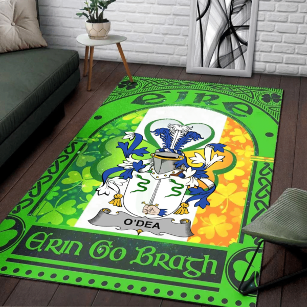 Ireland Area Rug - Dea or O'Dea Family Crest Area Rug - Irish Shamrock With Ireland Flag