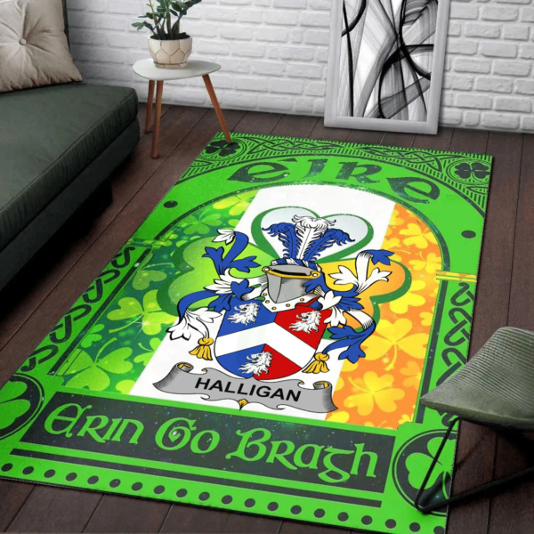 Ireland Area Rug - Halligan or O'Halligan Family Crest Area Rug - Irish Shamrock With Ireland Flag