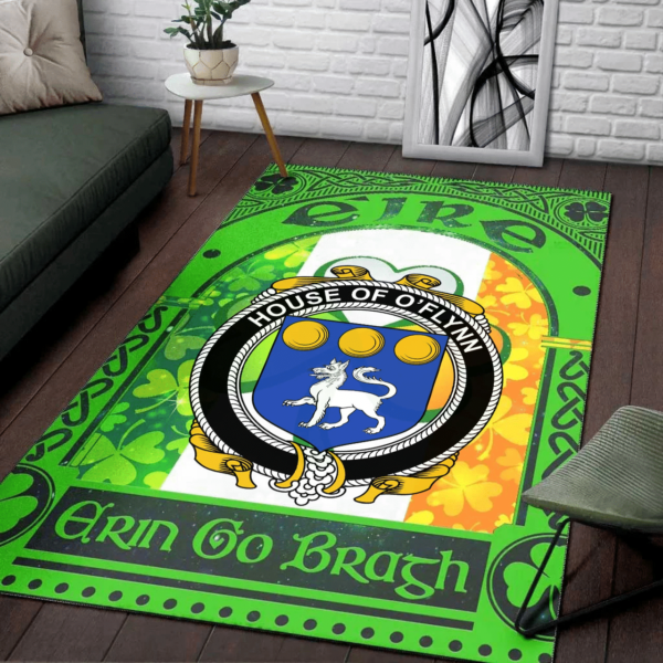 Ireland Area Rug - House of O'FLYNN Family Crest Area Rug - Irish Shamrock With Ireland Flag