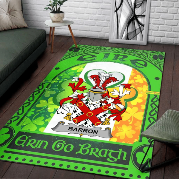 Ireland Area Rug - Barron Family Crest Area Rug - Irish Shamrock With Ireland Flag