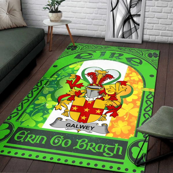 Ireland Area Rug - Galwey Family Crest Area Rug - Irish Shamrock With Ireland Flag