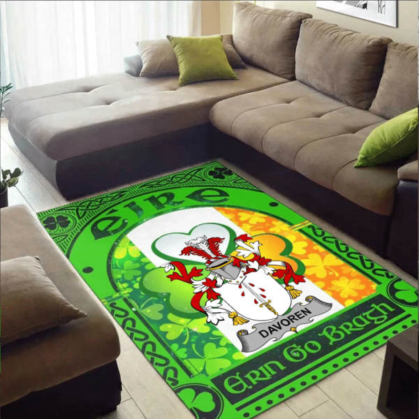 Ireland Area Rug - Davoren or O'Davoren Family Crest Area Rug - Irish Shamrock With Ireland Flag - Image 2