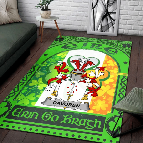 Ireland Area Rug - Davoren or O'Davoren Family Crest Area Rug - Irish Shamrock With Ireland Flag