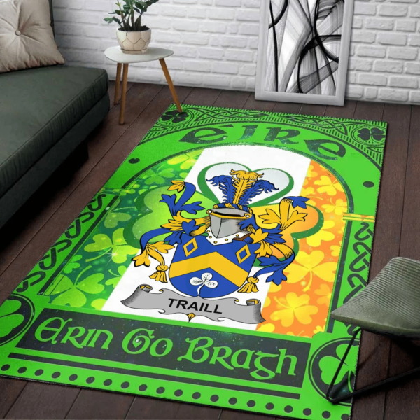 Ireland Area Rug - Traill or Trayle Family Crest Area Rug - Irish Shamrock With Ireland Flag