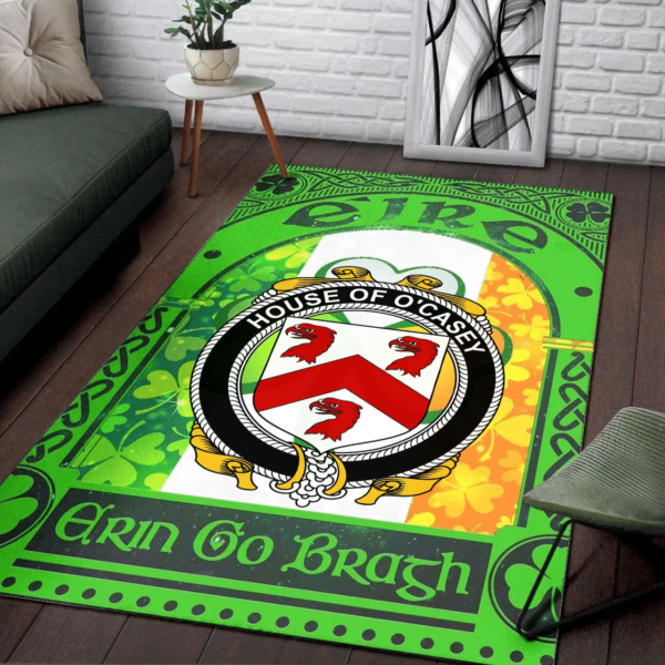 Ireland Area Rug - House of O'CASEY Family Crest Area Rug - Irish Shamrock With Ireland Flag