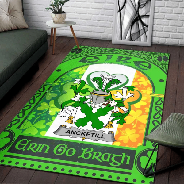 Ireland Area Rug - Ancketill Family Crest Area Rug - Irish Shamrock With Ireland Flag