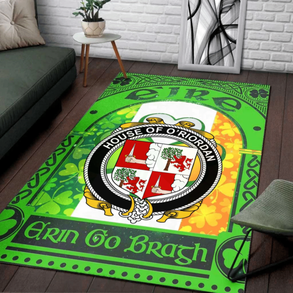 Ireland Area Rug - House of O'RIORDAN Family Crest Area Rug - Irish Shamrock With Ireland Flag