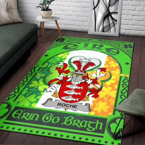 Ireland Area Rug - Roche Family Crest Area Rug - Irish Shamrock With Ireland Flag