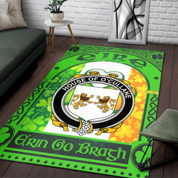 Ireland Area Rug - House of O'CULLANE (or Collins) Family Crest Area Rug - Irish Shamrock With Ireland Flag