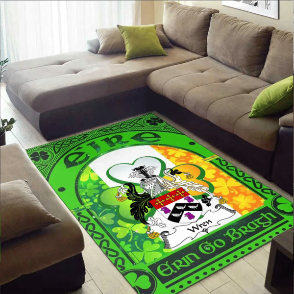 Ireland Area Rug - Wren or Wrenn Family Crest Area Rug - Irish Shamrock With Ireland Flag - Image 2