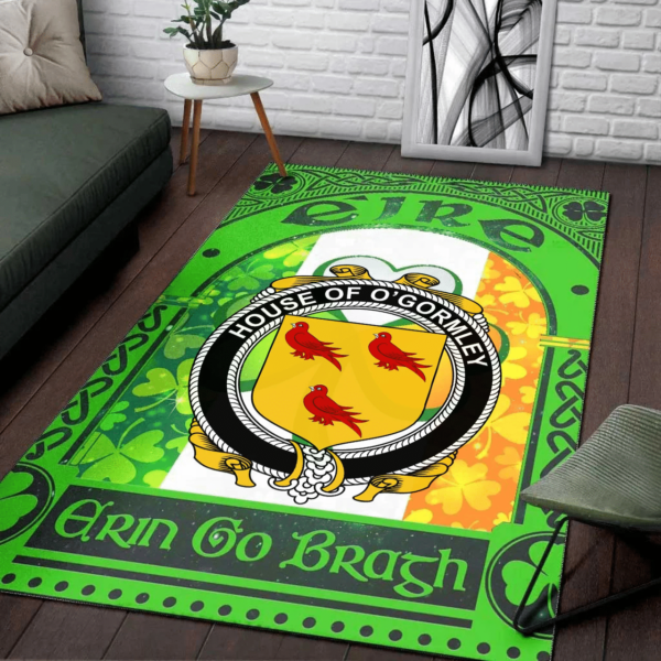 Ireland Area Rug - House of O'GORMLEY Family Crest Area Rug - Irish Shamrock With Ireland Flag