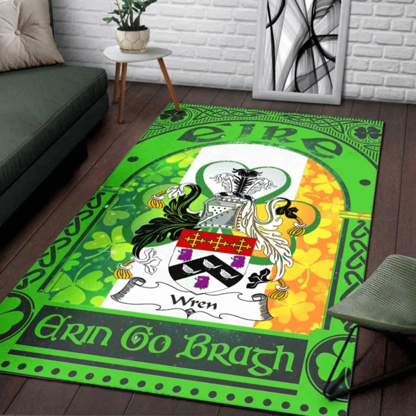 Ireland Area Rug - Wren or Wrenn Family Crest Area Rug - Irish Shamrock With Ireland Flag