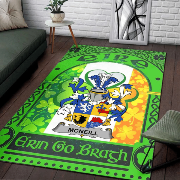 Ireland Area Rug - Neill or McNeill Family Crest Area Rug - Irish Shamrock With Ireland Flag