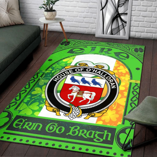 Ireland Area Rug - House of O'HALLORAN Family Crest Area Rug - Irish Shamrock With Ireland Flag