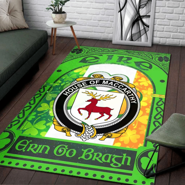 Ireland Area Rug - House of MACCARTHY Family Crest Area Rug - Irish Shamrock With Ireland Flag