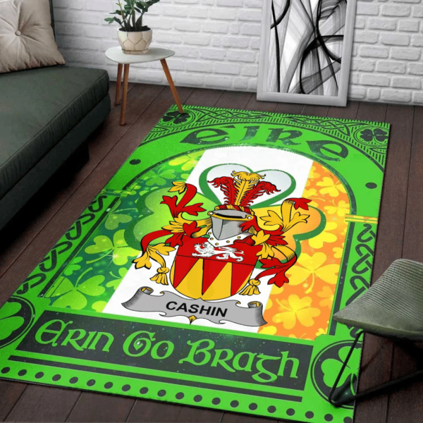 Ireland Area Rug - Cashin or McCashine Family Crest Area Rug - Irish Shamrock With Ireland Flag