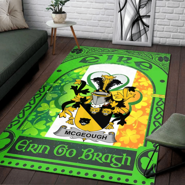 Ireland Area Rug - McGeough or McGough Family Crest Area Rug - Irish Shamrock With Ireland Flag