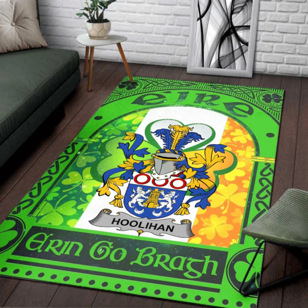 Ireland Area Rug - Hoolihan or O'Holohan Family Crest Area Rug - Irish Shamrock With Ireland Flag