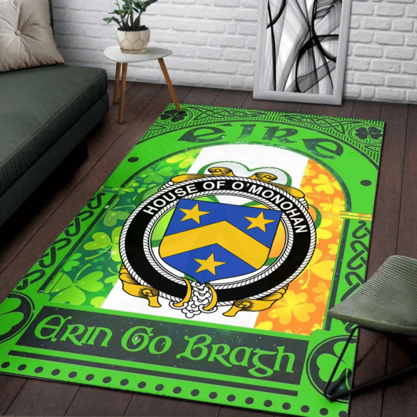 Ireland Area Rug - House of O'MONOHAN Family Crest Area Rug - Irish Shamrock With Ireland Flag