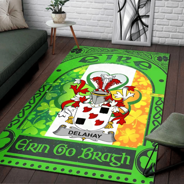 Ireland Area Rug - Delahay Family Crest Area Rug - Irish Shamrock With Ireland Flag