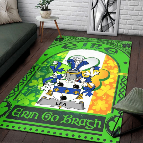 Ireland Area Rug - Lea or McLea Family Crest Area Rug - Irish Shamrock With Ireland Flag