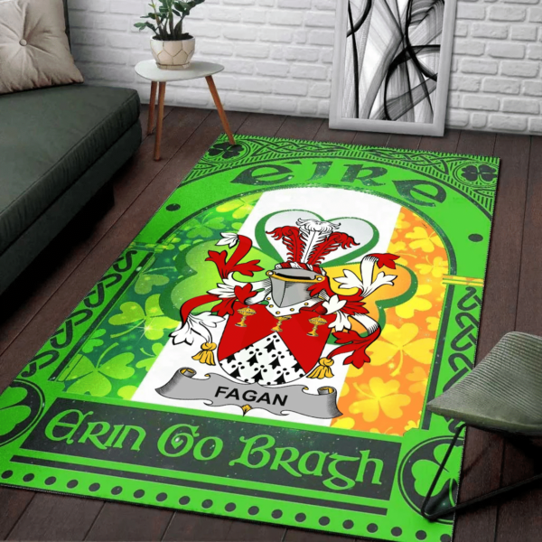 Ireland Area Rug - Fagan Family Crest Area Rug - Irish Shamrock With Ireland Flag