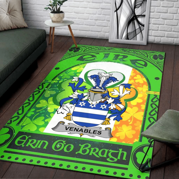 Ireland Area Rug - Venables Family Crest Area Rug - Irish Shamrock With Ireland Flag