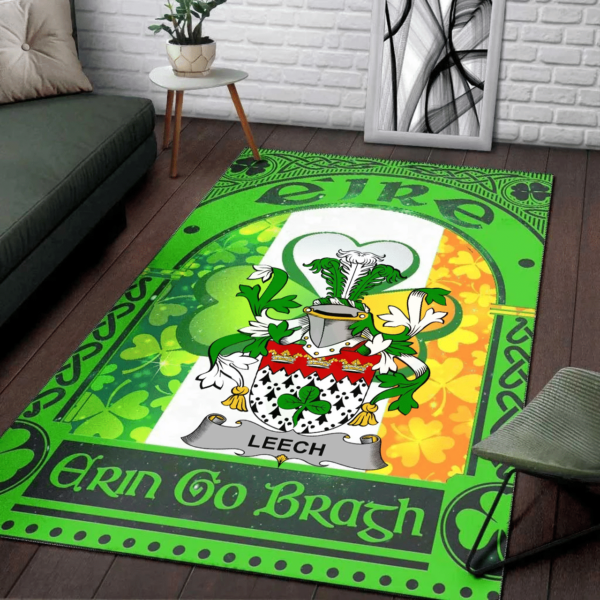 Ireland Area Rug - Leech Family Crest Area Rug - Irish Shamrock With Ireland Flag