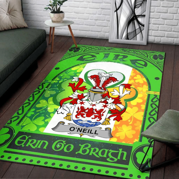 Ireland Area Rug - O'Rourke Family Crest Area Rug - Irish Shamrock With Ireland Flag