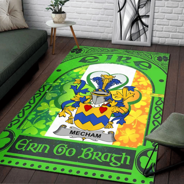 Ireland Area Rug - Mecham Family Crest Area Rug - Irish Shamrock With Ireland Flag