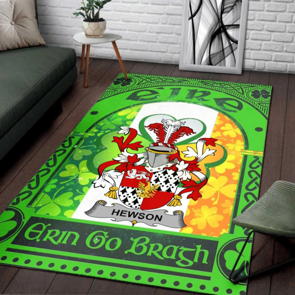 Ireland Area Rug - Hewson Family Crest Area Rug - Irish Shamrock With Ireland Flag