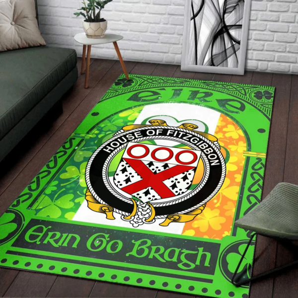 Ireland Area Rug - House of FITZGIBBON Family Crest Area Rug - Irish Shamrock With Ireland Flag