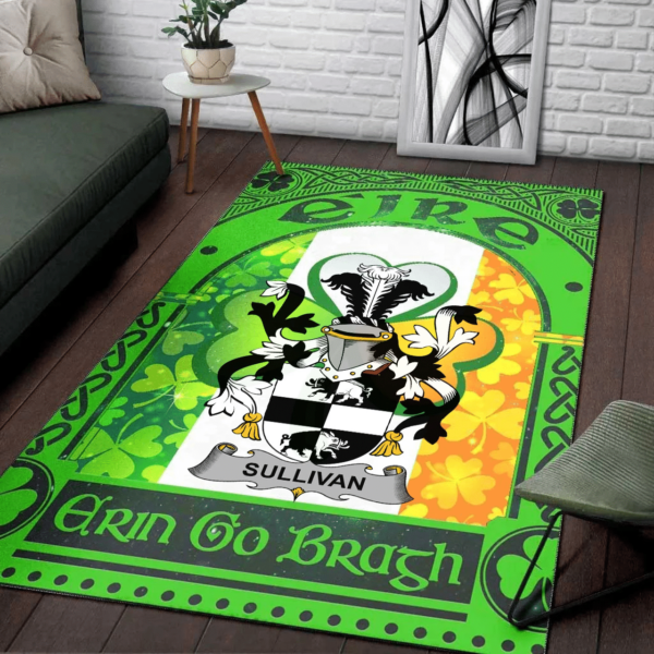 Ireland Area Rug - Sullivan or O'Sullivan (Beare) Family Crest Area Rug - Irish Shamrock With Ireland Flag