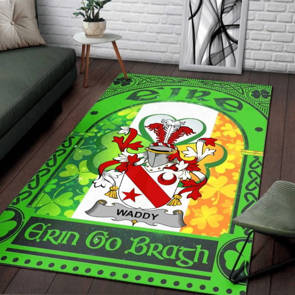 Ireland Area Rug - Waddy Family Crest Area Rug - Irish Shamrock With Ireland Flag