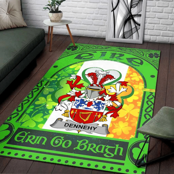 Ireland Area Rug - Dennehy or O'Dennehy Family Crest Area Rug - Irish Shamrock With Ireland Flag