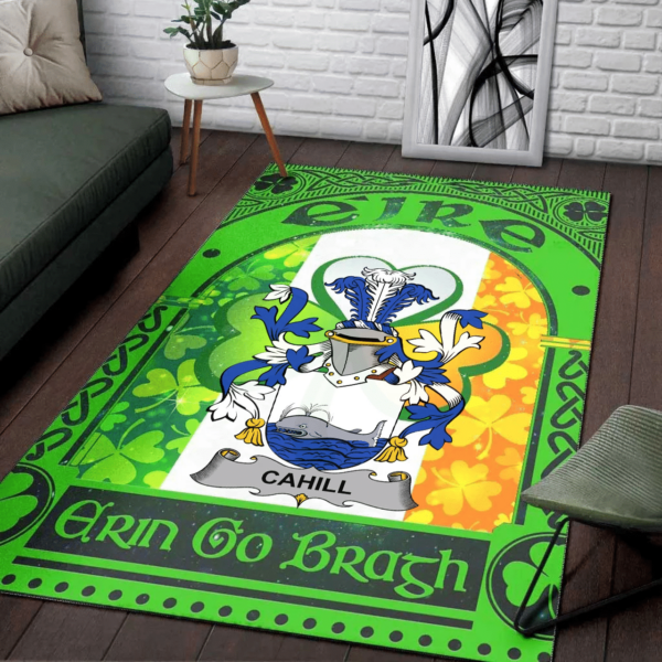 Ireland Area Rug - Cahill or O'Cahill Family Crest Area Rug - Irish Shamrock With Ireland Flag