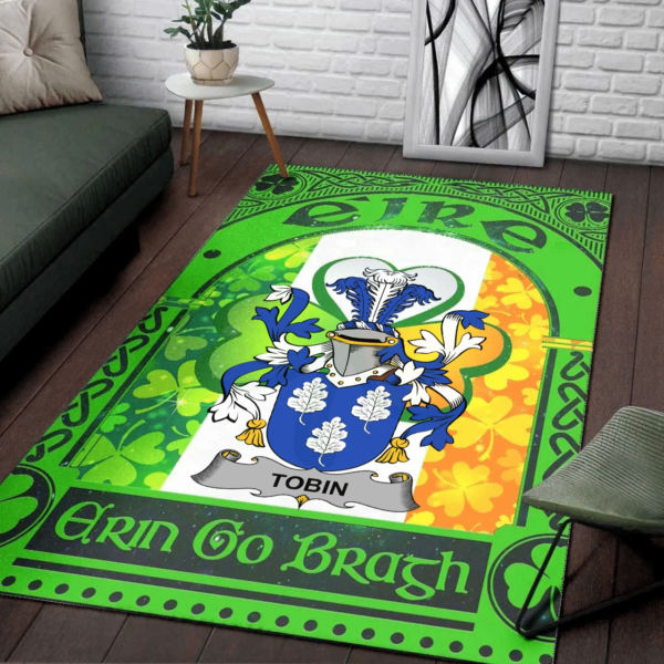 Ireland Area Rug - Tobin Family Crest Area Rug - Irish Shamrock With Ireland Flag