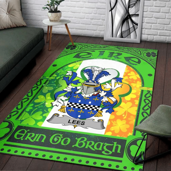 Ireland Area Rug - Lees or McAleese Family Crest Area Rug - Irish Shamrock With Ireland Flag