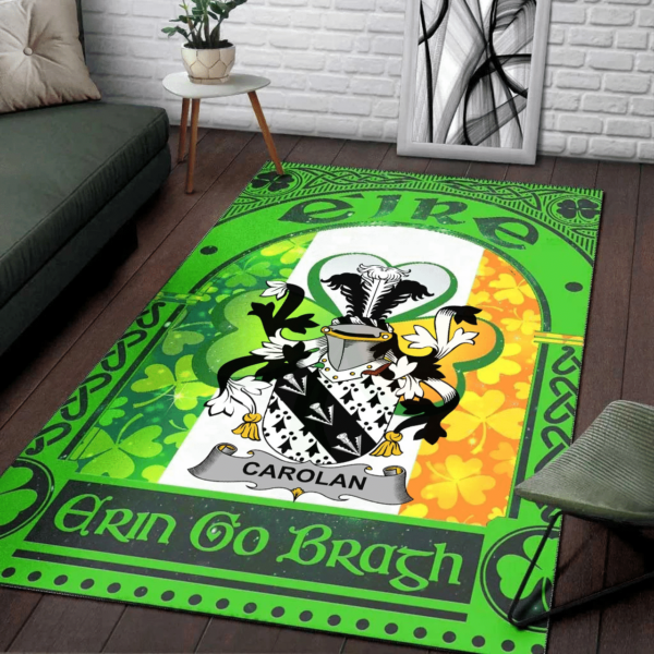 Ireland Area Rug - Carolan Family Crest Area Rug - Irish Shamrock With Ireland Flag